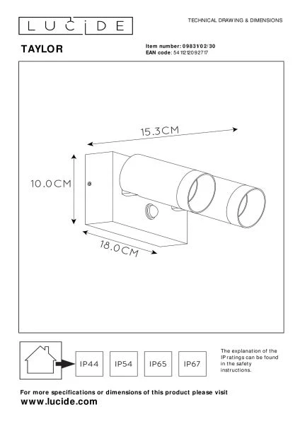 Lucide TAYLOR - Wall spotlight / Wall light Indoor/Outdoor - 2xGU10 - IP54 - Motion Sensor - Black - technical